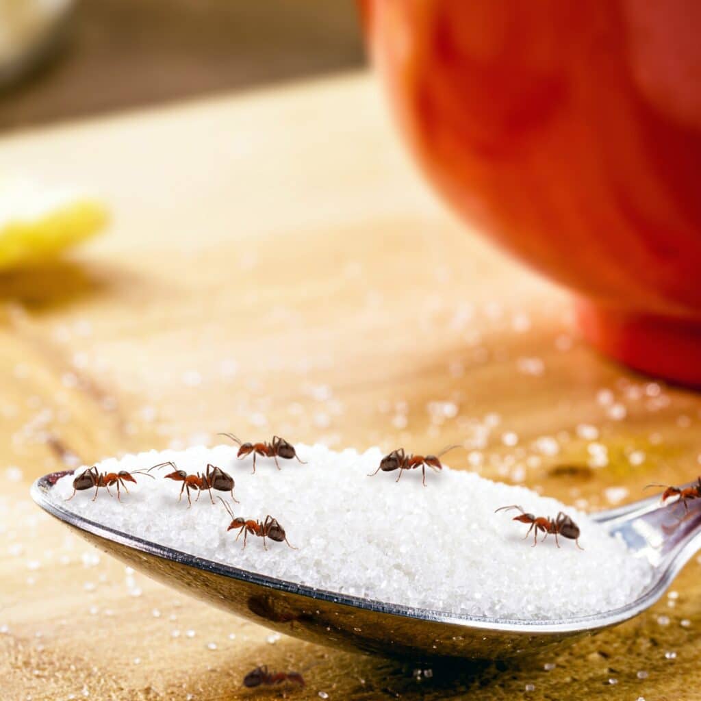 small red ants on a spoon with sugar.