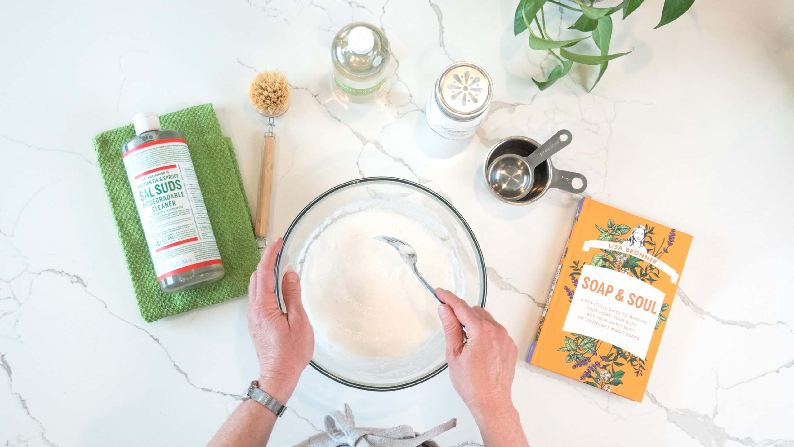 Soft scrub ingredients on counter.