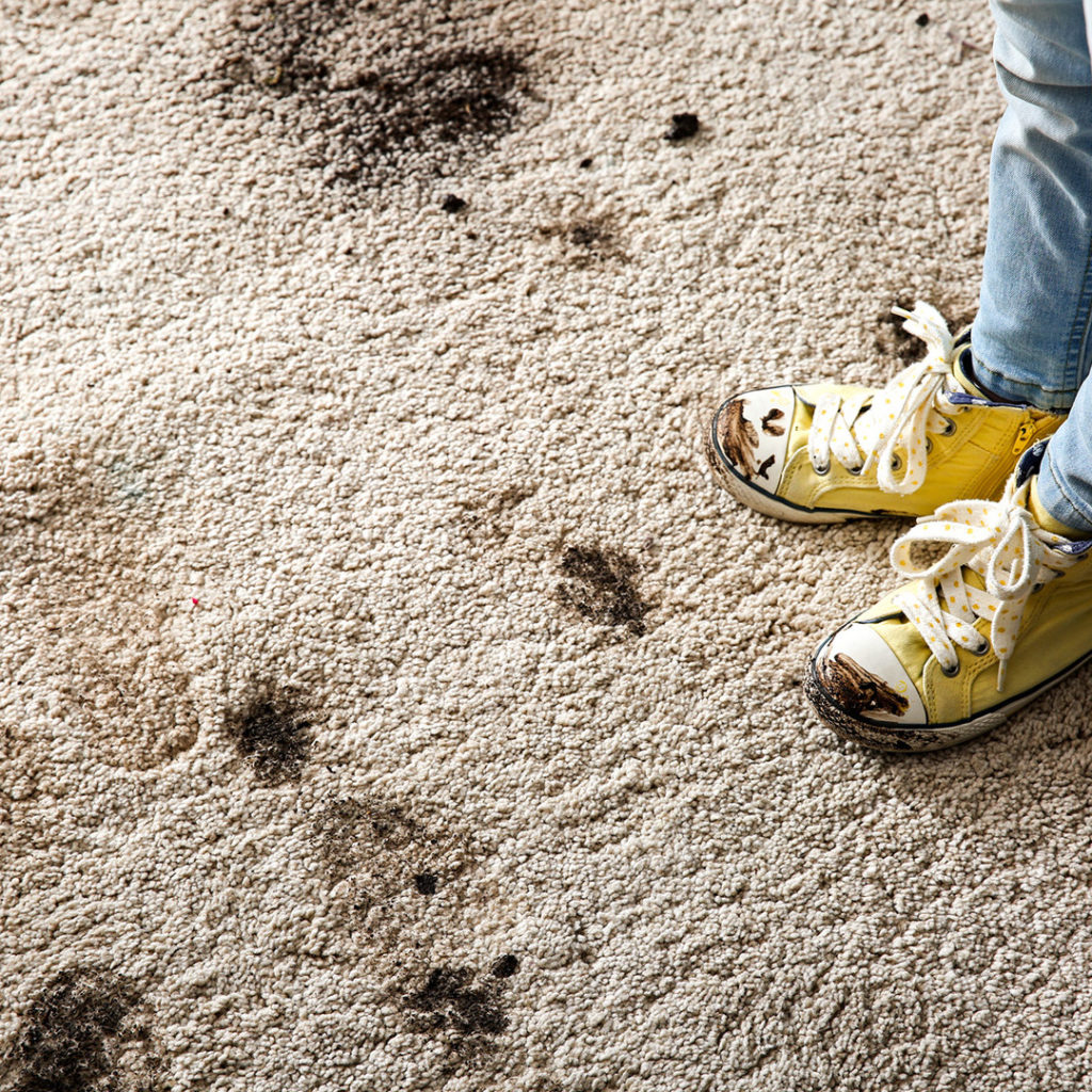 Child with muddy yellow shoes standing on a carpet with muddy spots. - carpet cleaning with Dr. Bronner's products