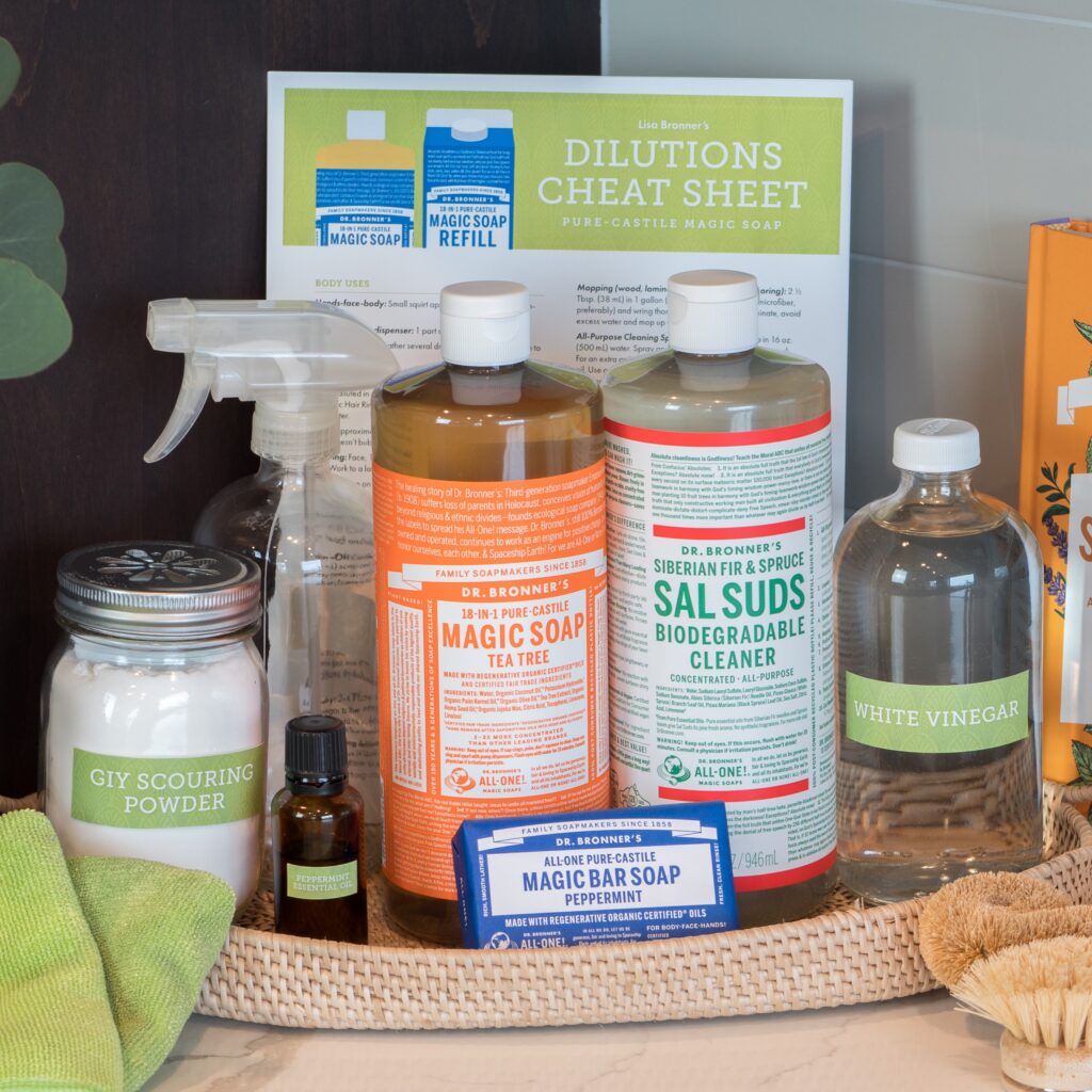 A basket full of green cleaning ingredients.