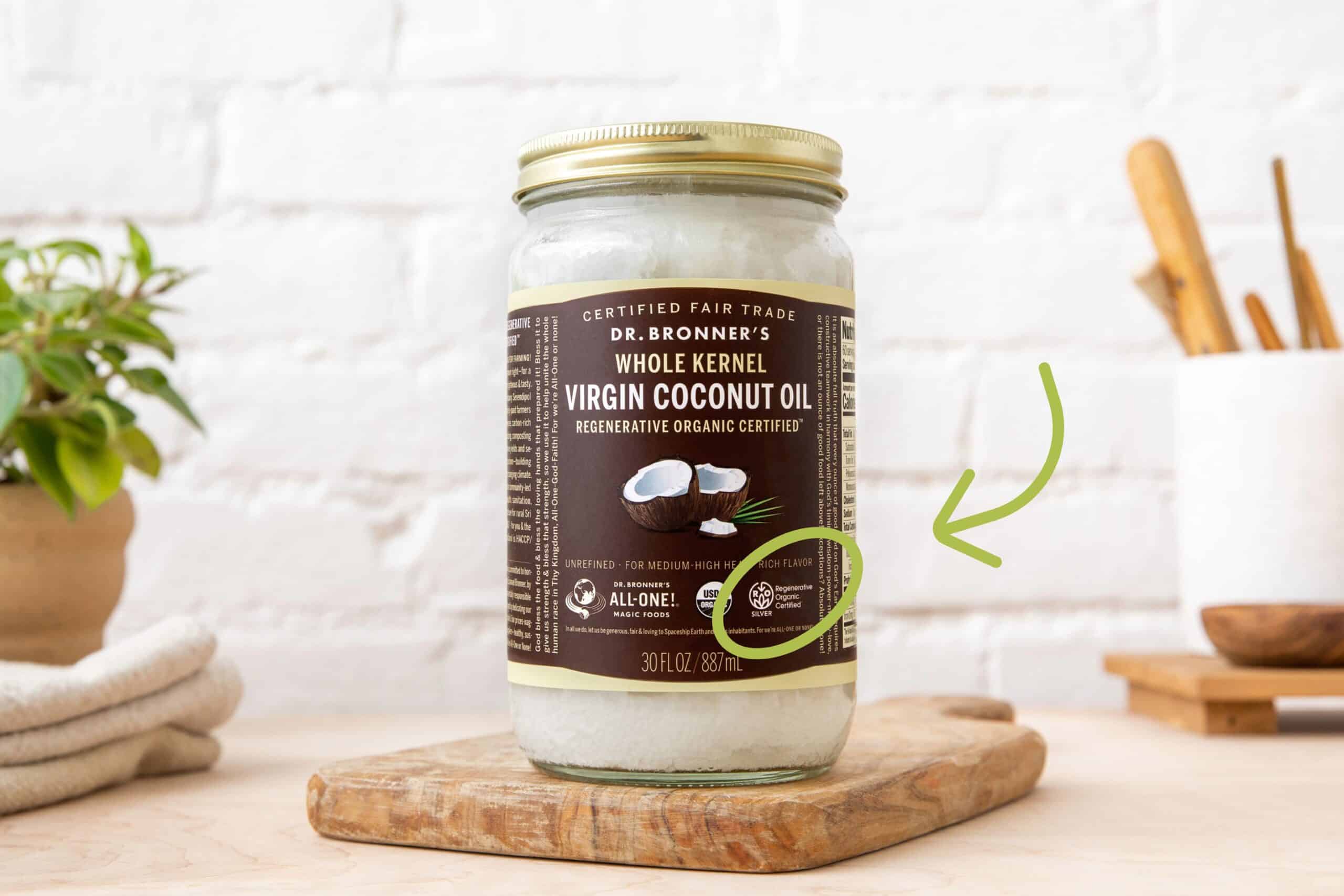 Jar of Dr. Bronner's Regenerative Organic Certified Virgin Coconut Oil with ROC seal