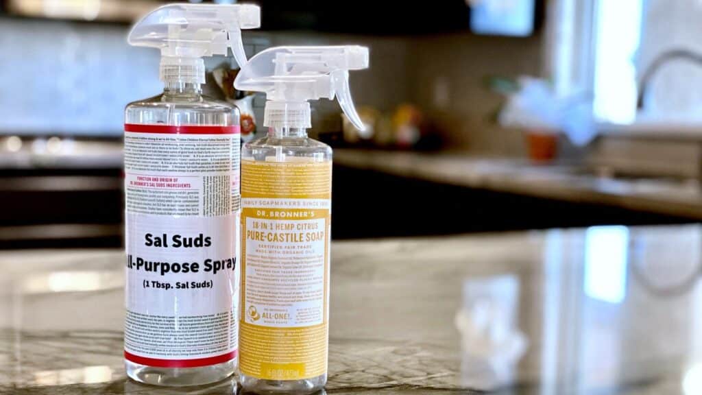 All-Purpose Cleaning Spray with Dr. Bronner's Sal Suds and Castile Magic soap on kitchen counter.