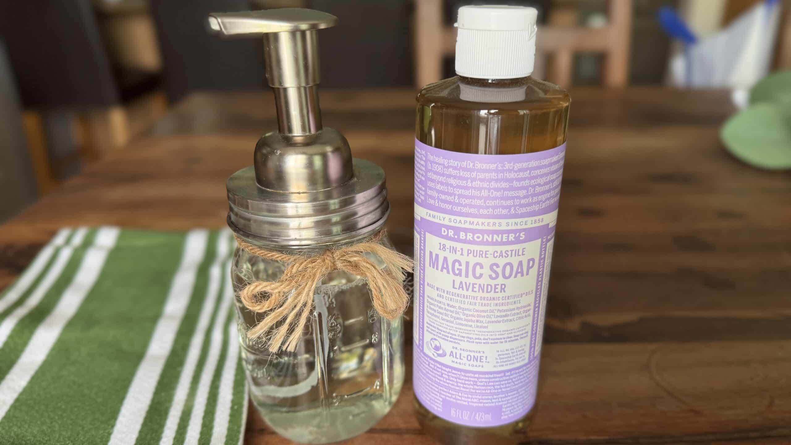 Dr. Bronner's Lavender Magic Soap next to a foaming pump dispenser.