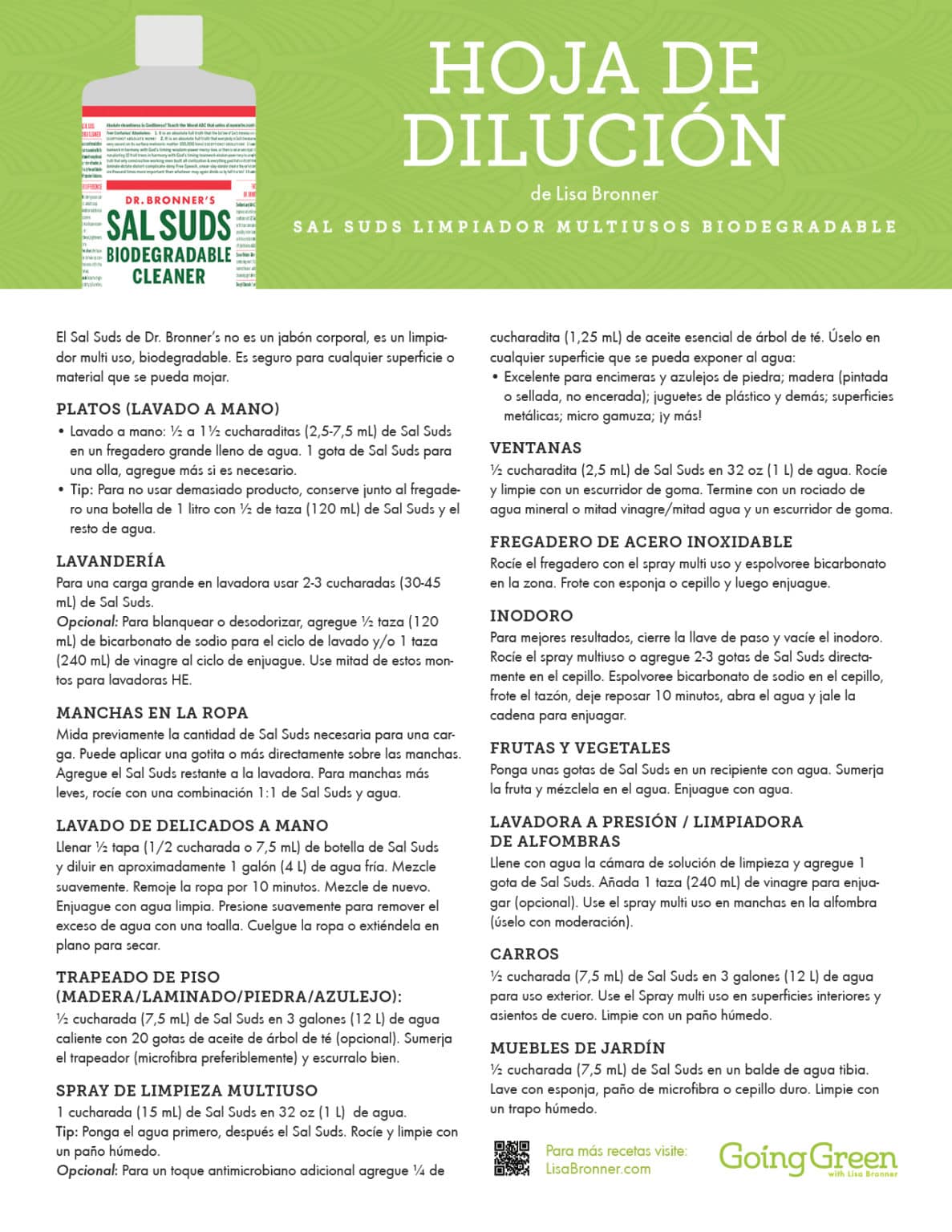 GGSPSal Suds Dilution Cheat Sheet052022 Going Green with Lisa Bronner