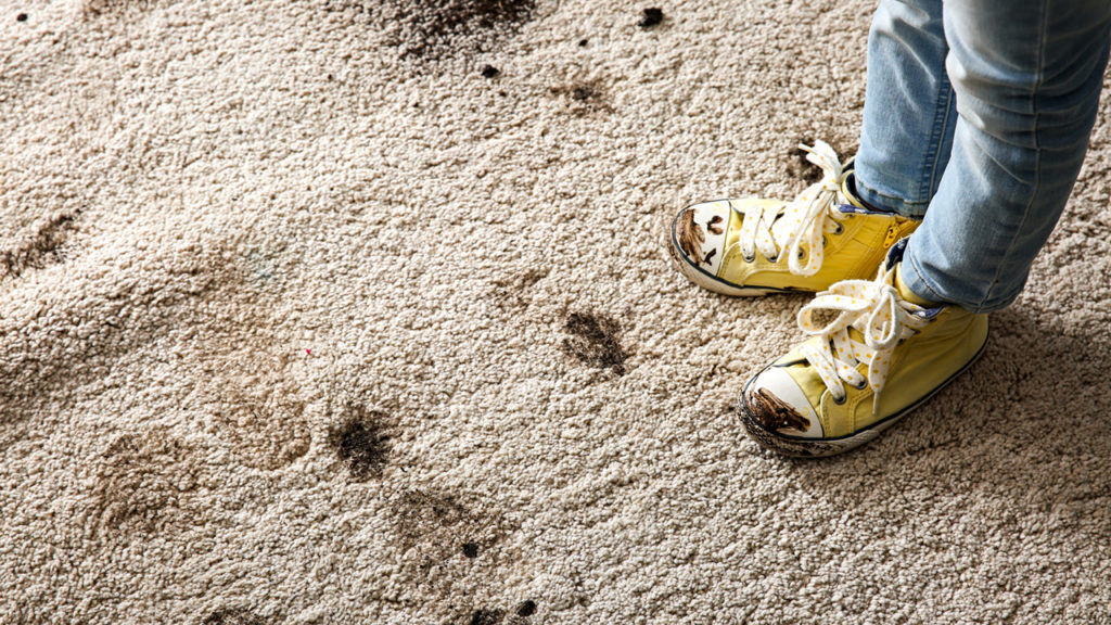 Child with muddy yellow shoes standing on a carpet with muddy spots. - carpet cleaning with Dr. Bronner's products