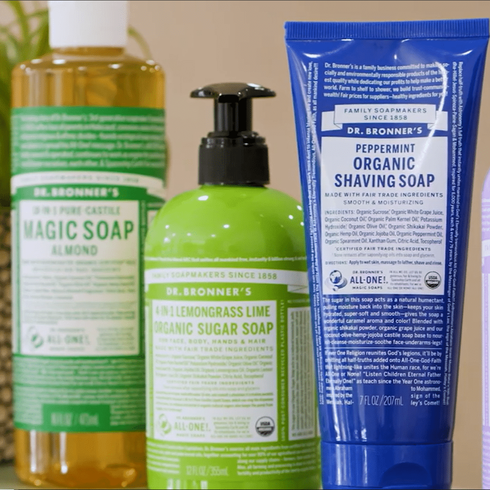 Dr. Bronner's Magic Soap, Sugar Soap, and Shave Soap.
