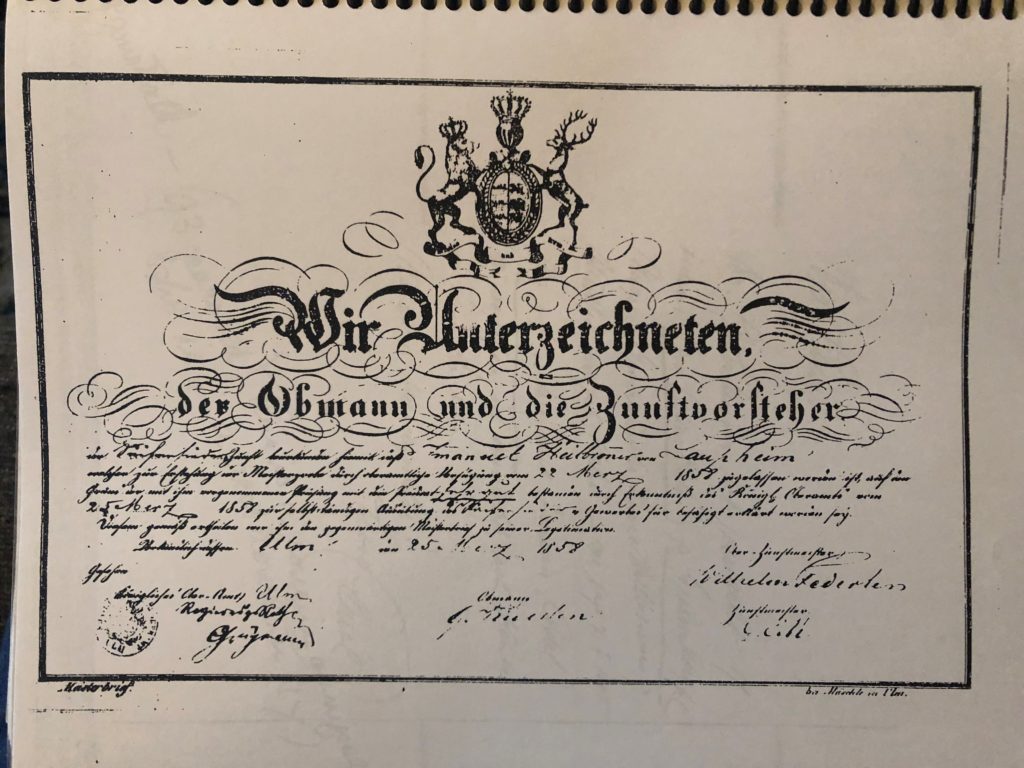 Black and white image of a soapmaking certificate from 1858, written in Germany.
