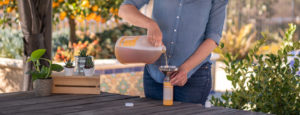 Lisa Bronner pouring Dr. Bronner's Citrus Castile Soap from a gallon-sized jug in to a small bottle.