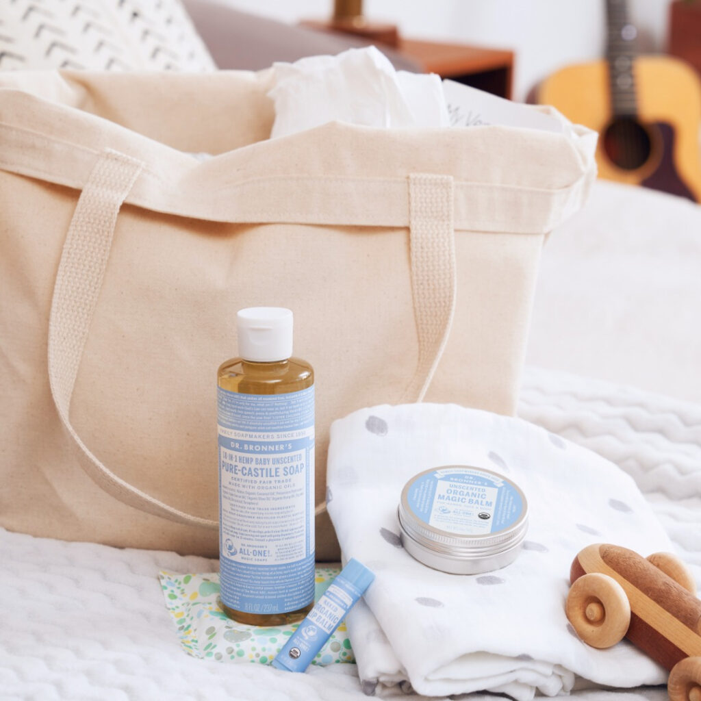 Dr. Bronner's Unscented Castile Soap, Magic Balm and Lip Balm with baby items - Dr. Bronner's gifts for babies