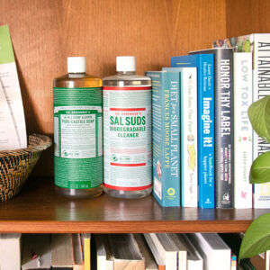 Dr. Bronner's Castile Soap and Sal Suds on a shelf