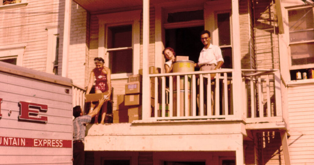 Dr. Emanual Bronner offloading Castile Soap from the balcony of his apartment in Los Angeles