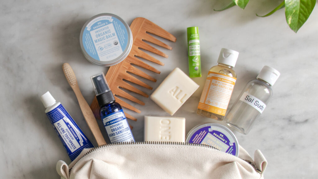 Dr. Bronner's travel sized products in a travel kit - travelling with Dr. Bronner's products