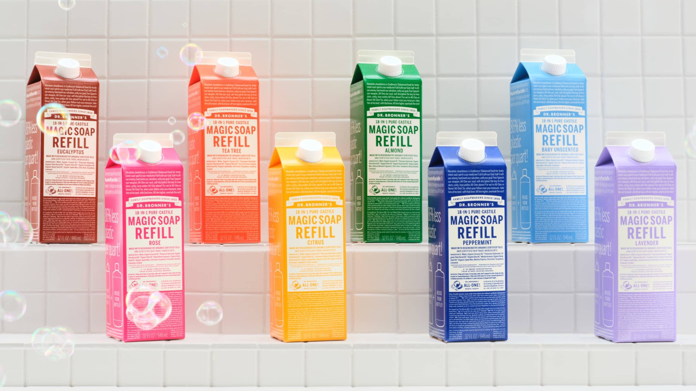 Lineup of Castile Magic Soap Refill cartons.