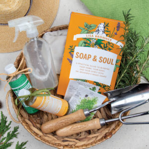 Soap & Soul book in a gift basket with garden items and Castile Soap