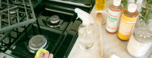 Cleaning a stove with Dr. Bronner's Sal Suds and Castile Soap.