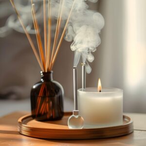 Candle and diffuser on top of a table in a house with smoke from the scent.
