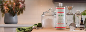 Dr. Bronner's Sal Suds on counter with other cleaning items around it.