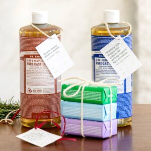 Dr. Bronner's Soaps, tied up with string and gift tags