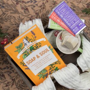 Gift basket with Soap & Soul, All-One Chocolate, and other cozy items