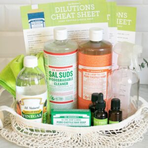 Basket on counter filled with green cleaning supplies