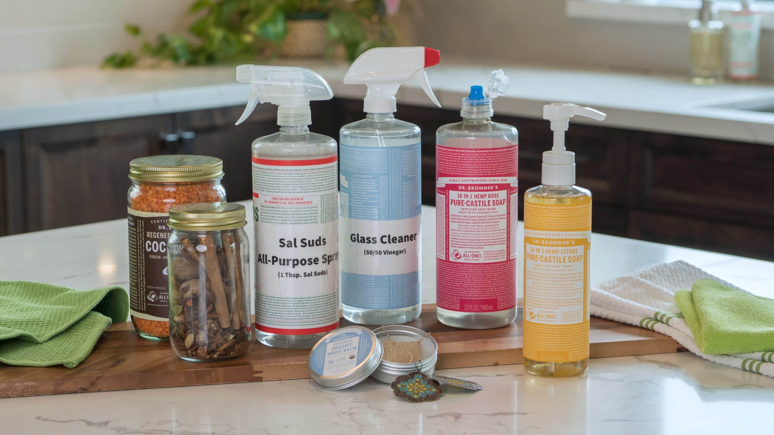 Repurposed Dr. Bronner's containers laid out on counter.