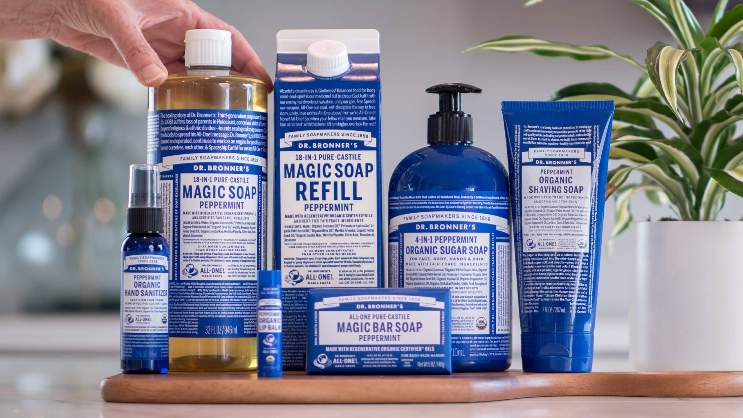Full lineup of Dr. Bronner's Peppermint products.