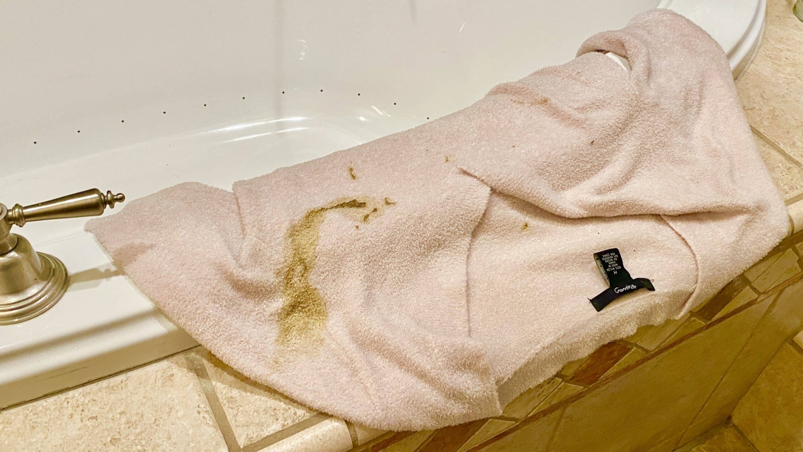 Lisa's sweater on the side of tub with stain.