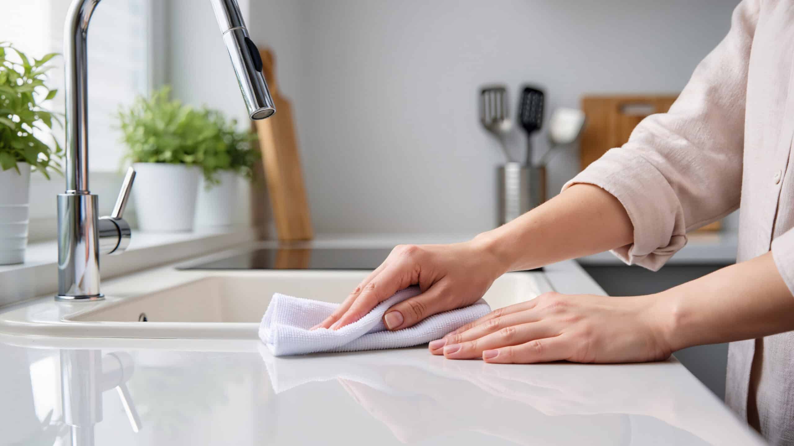 Person using housecleaning wipes to clean counter